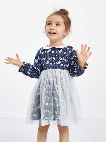 Annil Mädchen Kleider Frühling und Herbst Netzspleiß Baumwoll-Polokragen Langarmkleid für Kleine Mädchen in Blau