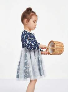 Annil Mädchen Kleider Frühling und Herbst Netzspleiß Baumwoll-Polokragen Langarmkleid für Kleine Mädchen in Blau