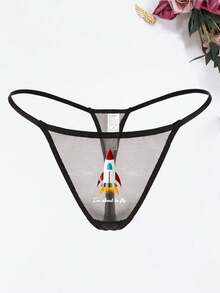 Women's Sexy Cartoon Rocket Pattern Breathable Mesh Thong Underwear - Black - View 5