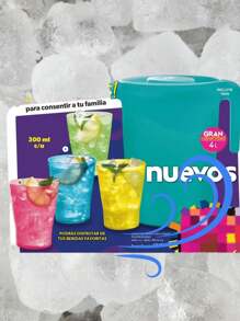 Jarra de 4 litros con tapa, y cuatro vasos de plástico de 300 ml de colores - Multicolor - Ver 1