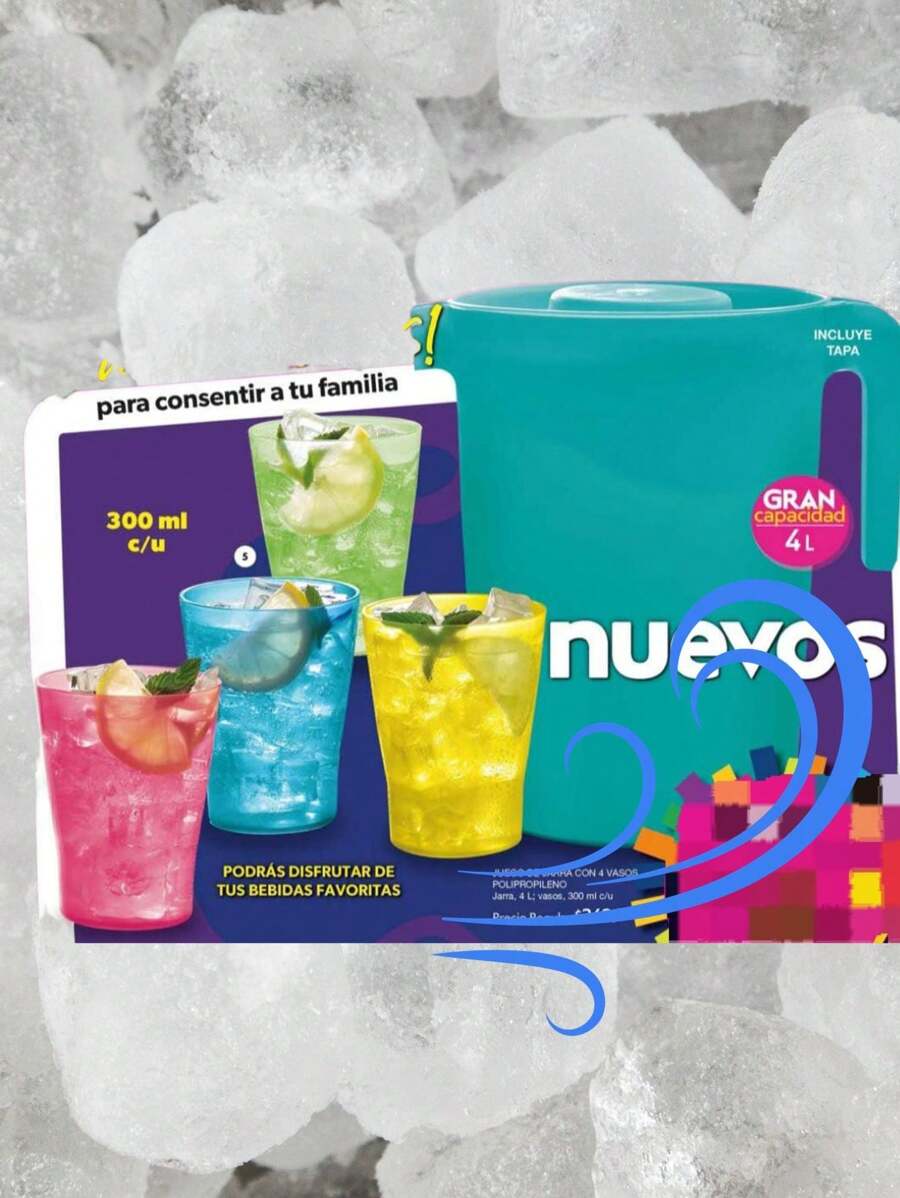 Jarra de 4 litros con tapa, y cuatro vasos de plástico de 300 ml de colores - Multicolor - Ver 1