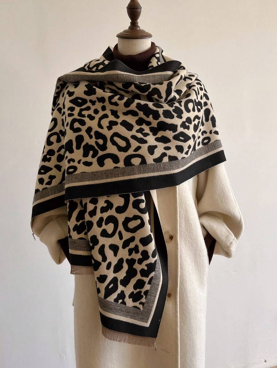 1pc Women Double-Sided Leopard Print Scarf, Jacquard Imitation Cashmere Scarf Shawl, Suitable For Daily Wear In Autumn And Winter - Multicolor - View 1