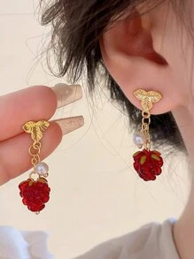 1 Par De Aretes Colgantes Con Forma De Frambuesa Exquisita Y Lujosa Adecuados Para Mujeres Para Cualquier Ocasión - Dorado - Ver 1