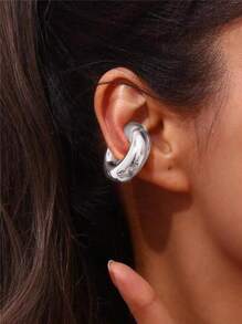 1 Paio Di Orecchini Senza Foro Alla Moda E Personalizzati Per Donne, Di Grande Dimensione, In Acciaio Inossidabile - Argento - Visualizzare 3