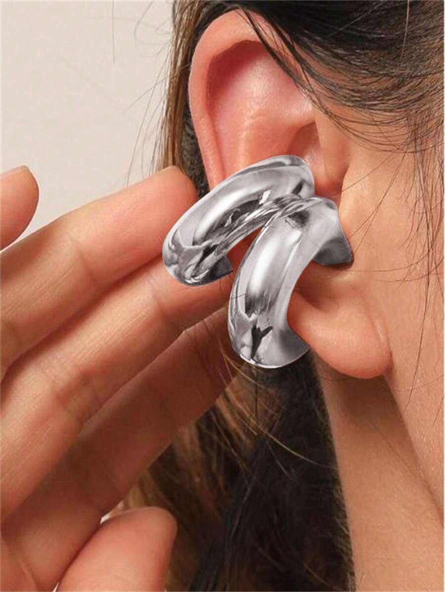 1 Paio Di Orecchini Senza Foro Alla Moda E Personalizzati Per Donne, Di Grande Dimensione, In Acciaio Inossidabile - Argento - Visualizzare 1