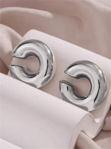 1 Paio Di Orecchini Senza Foro Alla Moda E Personalizzati Per Donne, Di Grande Dimensione, In Acciaio Inossidabile - Argento - Visualizzare 7