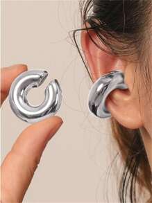 1 Paio Di Orecchini Senza Foro Alla Moda E Personalizzati Per Donne, Di Grande Dimensione, In Acciaio Inossidabile - Argento - Visualizzare 2