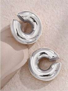 1 Paio Di Orecchini Senza Foro Alla Moda E Personalizzati Per Donne, Di Grande Dimensione, In Acciaio Inossidabile - Argento - Visualizzare 5