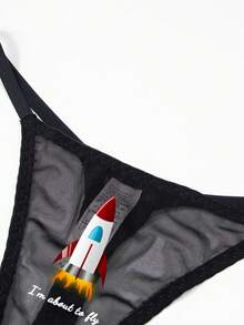 Women's Sexy Cartoon Rocket Pattern Breathable Mesh Thong Underwear - Black - View 6