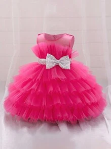 Falda esponjosa de satén y tul de unicolor con lazo para niña, vestido elegante para fiesta de cumpleaños, fiesta al aire libre, sin incluir accesorio para el cabello