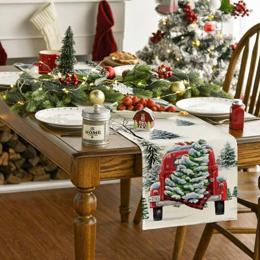 1pc Winter New Christmas Tree Linen Table Runner 13*72inch Home Party Indoor/outdoor Xmas Dining Decor - 1 piece Christmas tree table runner - View 1