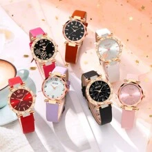 MSCXDK Bộ 7 cái/bộ dành cho nữ, Bộ hộp quà phù hợp với chủ đề mới 'Đồng hồ một tuần', Đồng hồ đeo tay dây da Pu thạch anh cổ điển đơn giản dành cho bộ quà tặng sử dụng hàng ngày - Hoa hồng vàng - Xem 4