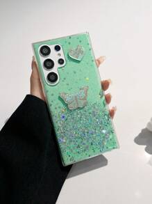 1入綠色新款防震閃亮星空tpu手機殼附diy蝴蝶、玫瑰和心形裝飾,兼容iphone、samsung、oppo和其他安卓手機 - 綠色 - 查看 1