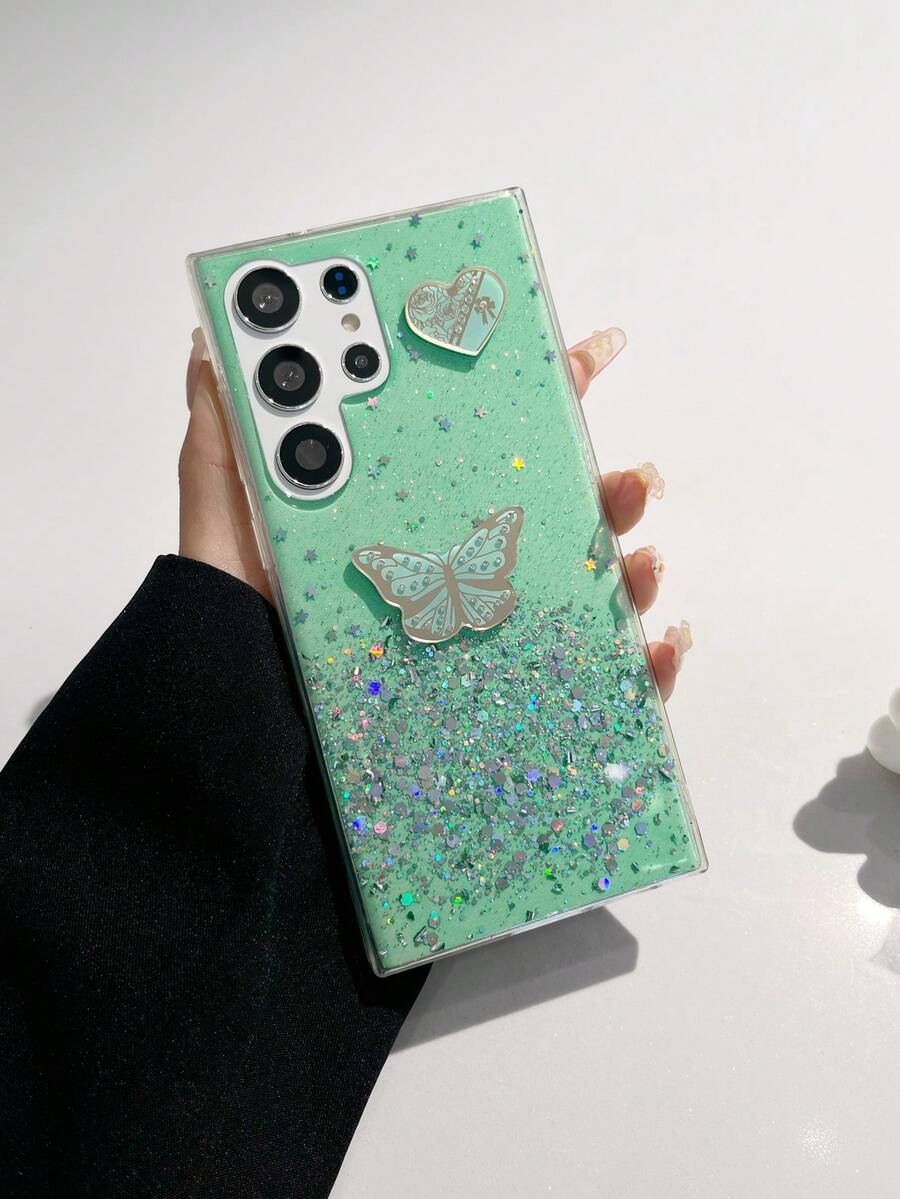 1入綠色新款防震閃亮星空tpu手機殼附diy蝴蝶、玫瑰和心形裝飾,兼容iphone、samsung、oppo和其他安卓手機 - 綠色 - 查看 1