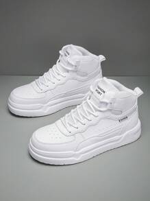 男女通用高帮平底休闲滑板鞋，系带简约设计，舒适户外运动鞋，情侣鞋 - 白色 - 查看 5