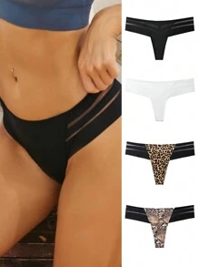 4pcs Women's Mesh Panel Ice Silk G-string Thongs - Multicolor - View 2