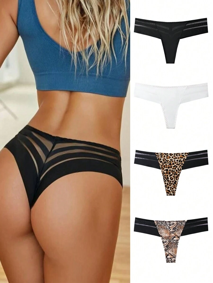 4pcs Women's Mesh Panel Ice Silk G-string Thongs - Multicolor - View 1