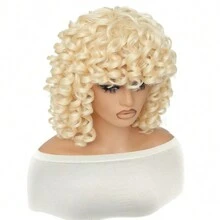 DZfirst 613 Blonde 16 Inch Curly Wigs Short Curly Wig With Bangs Heat Resistant Synthetic Fiber Hair Cosplay Wigs