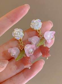 1對超級溫柔可愛的法式玫瑰花形耳環,簡單設計