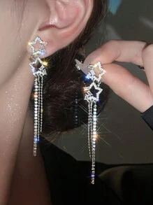 17KM 2入組女士雙星鑲鑽對稱耳環,節日約會禮物 - 銀色 - 查看 2