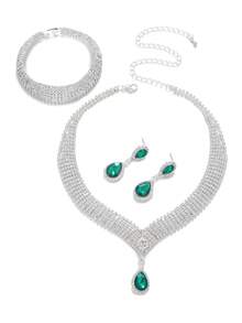 1套完整的鋯石新娘珠寶套裝,適用於女士派對,豪華水晶婚禮珠寶套裝 - 銀色 - 查看 17