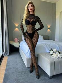 1pc Black Sexy Lingerie Long Sleeve Bodystocking With Crotchless Perspecitive Fishnet Bodysuit