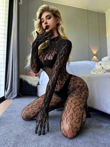 1pc Black Sexy Lingerie Long Sleeve Bodystocking With Crotchless Perspecitive Fishnet Bodysuit
