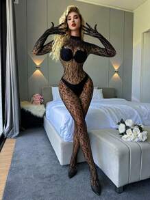 1pc Black Sexy Lingerie Long Sleeve Bodystocking With Crotchless Perspecitive Fishnet Bodysuit