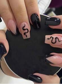 Upgrade Your Look Now! 24pcs Black Color-Block And Snake Print Nail Art, Including Decorative Nails & 1pc Double-Sided Tape & 1pc Nail File Press On Nails Nail Supplies - Burgundy - View 1