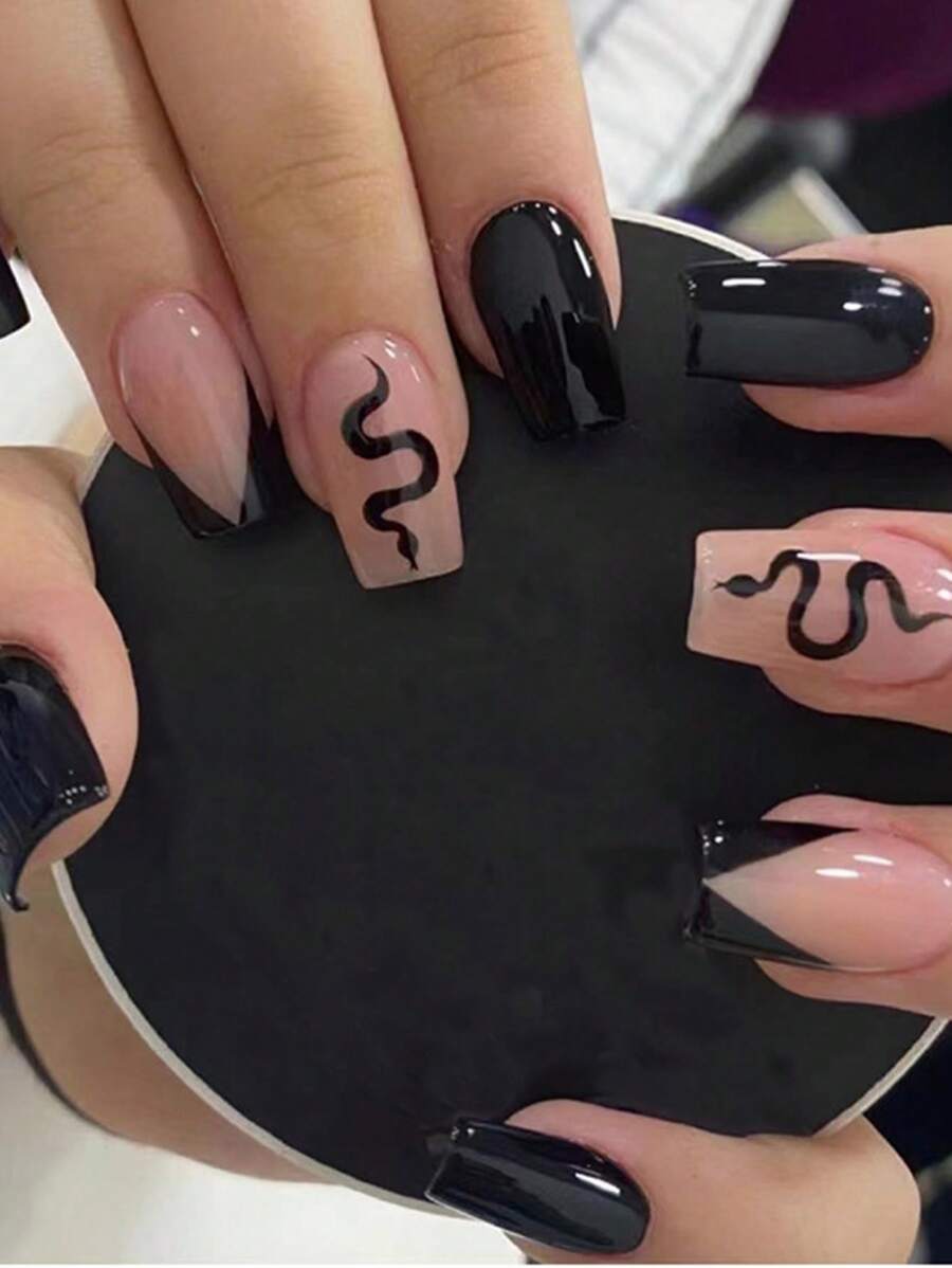 Upgrade Your Look Now! 24pcs Black Color-Block And Snake Print Nail Art, Including Decorative Nails & 1pc Double-Sided Tape & 1pc Nail File Press On Nails Nail Supplies - Burgundy - View 1