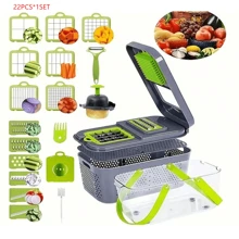 16/22入組蔬菜切碎機套件、多功能水果切片機、手動食物切碎機、蔬菜切片機、帶容器和護手切片機、洋蔥切碎機、馬鈴薯切片機、削皮器、廚房小工具 - 灰色 - 查看 6