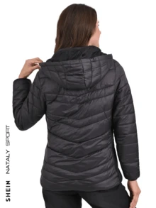 Women's Navy Blue Jacket With Hat And Lined - Black - View 2