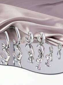 Conjunto De 12 Peças De Brincos De Argola De Metal Grosso Com Coração De Prata E Brincos De Botão Para Mulheres - Prata - Ver 2