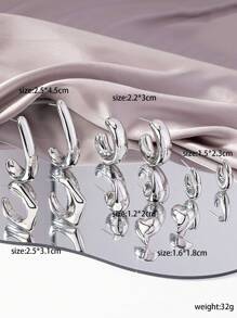 Conjunto De 12 Peças De Brincos De Argola De Metal Grosso Com Coração De Prata E Brincos De Botão Para Mulheres - Prata - Ver 3