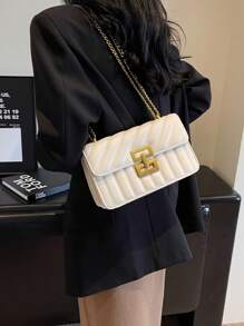 1pc Solid Color PU Fabric Shoulder Bag For Women, Fashionable Rhombic Lattice Stitch Embroidery Pattern Small Square Bag With Metal Chain Strap, Lock Buckle Closure, Suitable For Shopping, Dating, Women's Gifts. Suitable For Teenage Girls, Novices, And White-Collar Workers, Especially Suitable For Office, Academy, Work, Business, Commute. - White - View 4