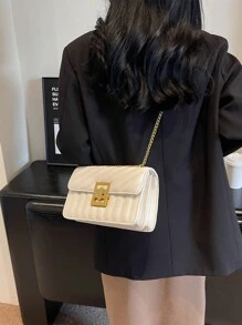 1pc Solid Color PU Fabric Shoulder Bag For Women, Fashionable Rhombic Lattice Stitch Embroidery Pattern Small Square Bag With Metal Chain Strap, Lock Buckle Closure, Suitable For Shopping, Dating, Women's Gifts. Suitable For Teenage Girls, Novices, And White-Collar Workers, Especially Suitable For Office, Academy, Work, Business, Commute. - White - View 5