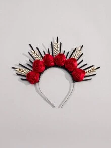 Black Dark Red Burgundy Roses Gold Leaf Silk Artificial Flowers Crown For Wedding Bridesmaids, Halloween Floral Halo Crown, Gothic Wedding Tiara For Bride, Costume Headpiece For Birthday Cosplay Party Celebration, Day Of The Dead Vintage Street Valentine's Day Valentines