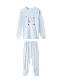 Annil 少女秋冬季可愛小羊印花Modal長袖家居睡衣2件套裝，藍色 - 藍色 - 查看 1