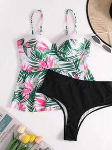 Plus Size Tropical Print Underwire Swimwear - Multicolor - View 1