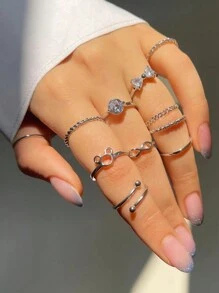 11 件套花朵和蝴蝶结水钻装饰永恒戒指 - 銀色 - 查看 1