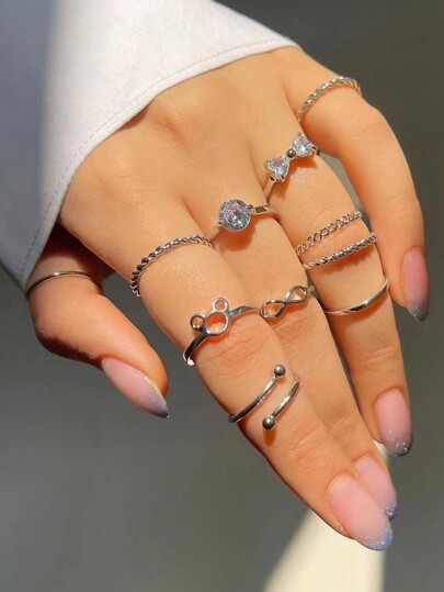 11pc Set Flower & Bow Rhinestone Embellished Eternity Band Rings