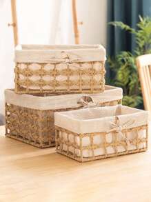 1 件带镂空设计的编织海草储物篮，适用于家庭整理、玩具、化妆品、钥匙、波西米亚绳花盆篮、天然混合藤条花园装饰、金属框架波西米亚风篮子，适合户外沿海氛围，几何篮子 - 杏色 - 查看 3