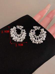 1对法式风格个性化水钻和仿珍珠新月形耳钉 - 銀色 - 查看 4