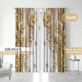 2pcs Home Decor Window Curtain Set, White Siberian Lily Design, With Rod Pocket, Suitable For Kitchen, Coffee Shop, Living Room.