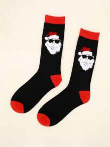 1雙男士聖誕襪,聖誕帽圖案襪,聖誕糖果狗襪聖誕襪 - 黑色 - 查看 1
