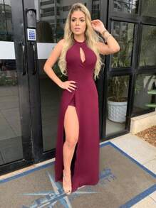 Vestido Longo Fenda na Perna Decote Gota De Amarrar no Pescoço - Vinho - Visão 2