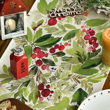 1入新款綠葉和櫻桃麻桌布13*72英寸,適用於家庭聚會,室內/室外餐桌裝飾