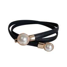 1条女士棕色细腰带，仿珍珠装饰，复古优雅束腰，适合搭配新款西装、毛衣。百搭黑色腰带，适合日常通勤使用，夏季、秋季、万圣节