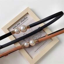 1条女士棕色细腰带，仿珍珠装饰，复古优雅束腰，适合搭配新款西装、毛衣。百搭黑色腰带，适合日常通勤使用，夏季、秋季、万圣节