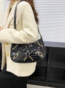 Fashionable Crescent Bag With Rivet Decoration, Large Capacity Shoulder Bag For Women - Black - View 7